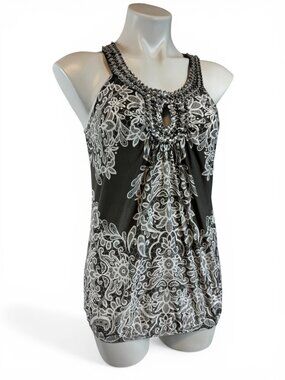 INC Beaded Sleeveless Blouse Top Black White Print Keyhole Womens  Size S